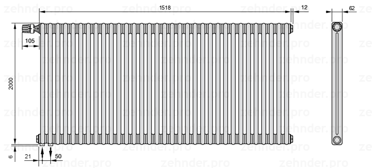 Схема (чертеж) Радиатор Zehnder Charleston 2200/33 №V001 Белый глянцевый RAL 9016
